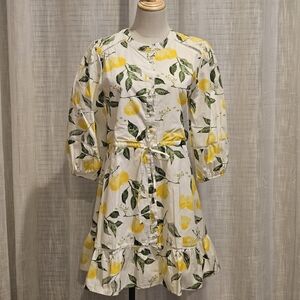 Layered With Love 3/4 Sleeve Button Front A-line Mini Dress: Lemon Print: Medium